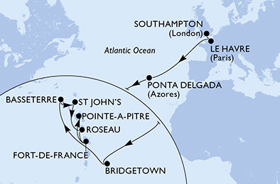 Veľká Británia, Francúzsko, Portugalsko, Barbados, Svätý Krištof a Nevis, Antigua a Barbuda, Dominika, Martinik, Guadeloupe zo Southamptonu na lodi MSC Virtuosa