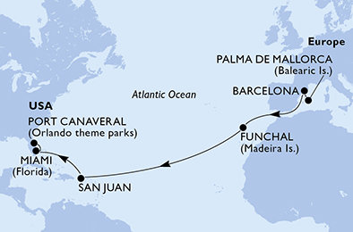 Španielsko, Portugalsko, USA z Palmy de Mallorca na lodi MSC Grandiosa