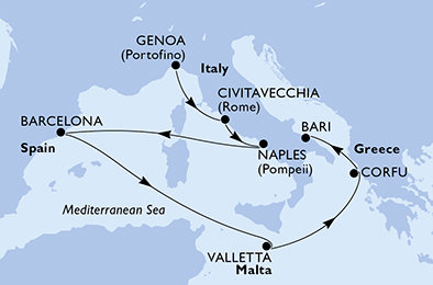 Taliansko, Španielsko, Malta, Grécko z Janova na lodi MSC Fantasia