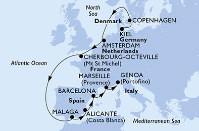 Nemecko, Dánsko, Holandsko, Francie, Španielsko, Francúzsko, Taliansko z Kielu na lodi MSC Euribia Nemecko, Dánsko, Holandsko, Francie, Španielsko, Francúzsko, Taliansko z Kielu na lodi MSC Euribia