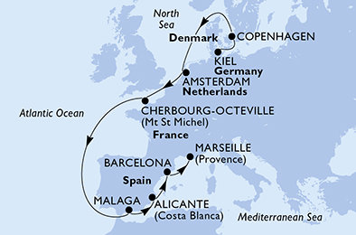 Nemecko, Dánsko, Holandsko, Francie, Španielsko, Francúzsko z Kielu na lodi MSC Euribia Nemecko, Dánsko, Holandsko, Francie, Španielsko, Francúzsko z Kielu na lodi MSC Euribia