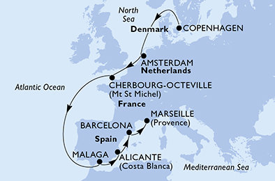 Dánsko, Holandsko, Francie, Španielsko, Francúzsko z Kodaně na lodi MSC Euribia Dánsko, Holandsko, Francie, Španielsko, Francúzsko z Kodaně na lodi MSC Euribia