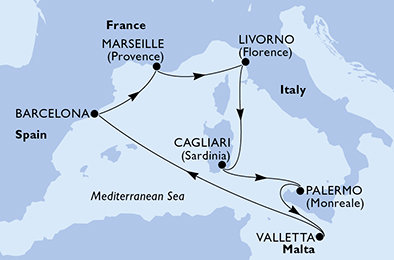 Španielsko, Francúzsko, Taliansko, Malta z Barcelony na lodi MSC Splendida