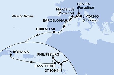 Taliansko, Francúzsko, Španielsko, Gibraltár, Antigua a Barbuda, Svatý Martin, Svätý Krištof a Nevis, Dominikánska republika z Livorna na lodi MSC Opera