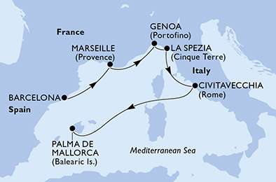 Španielsko, Francúzsko, Taliansko z Barcelony na lodi MSC World Europa