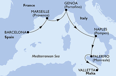 Španielsko, Francúzsko, Taliansko, Malta z Barcelony na lodi MSC Seaview