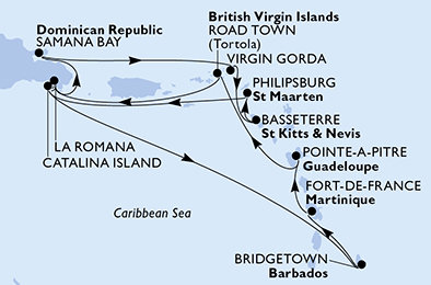 Martinik, Guadeloupe, Britské Panenské ostrovy, Dominikánska republika, Veľká Británia, Svätý Krištof a Nevis, Svatý Martin, Barbados z Fort de France, Martinik na lodi MSC Opera