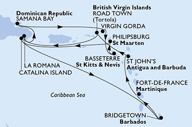 Martinik, Antigua a Barbuda, Britské Panenské ostrovy, Dominikánska republika, Veľká Británia, Svätý Krištof a Nevis, Svatý Martin, Barbados z Fort de France, Martinik na lodi MSC Opera