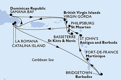 Barbados, Martinik, Antigua a Barbuda, Veľká Británia, Dominikánska republika, Svätý Krištof a Nevis, Svatý Martin z Bridgetownu na lodi MSC Opera