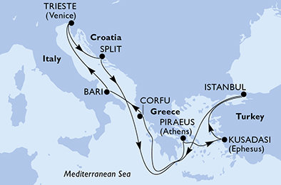 Taliansko, Chorvátsko, Grécko, Turecko z Bari na lodi MSC Splendida