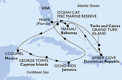 USA, Bahamy, Mexiko, Kajmanské ostrovy, Jamajka, Veľká Británia,  z Miami na lodi MSC Divina