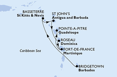 Barbados, Svätý Krištof a Nevis, Antigua a Barbuda, Dominika, Martinik, Guadeloupe z Bridgetownu na lodi MSC Virtuosa