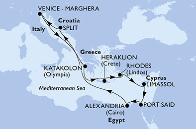 Taliansko, Grécko, Kréta, Cyprus, Egypt, Chorvátsko z Marghery na lodi MSC Lirica