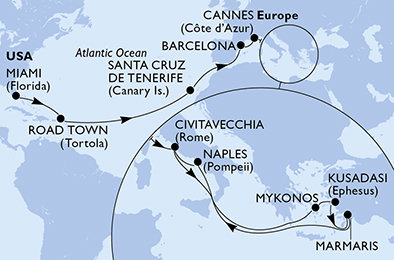USA, Britské Panenské ostrovy, Španielsko, Francúzsko, Taliansko, Grécko, Turecko z Miami na lodi MSC Divina