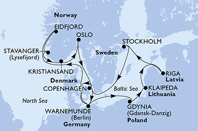 Nemecko, Nórsko, Oslo, Dánsko, Poľsko, Litva, Lotyšsko, Švédsko z Warnemünde na lodi MSC Magnifica