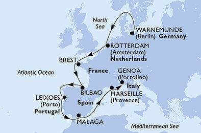 Nemecko, Holandsko, Francúzsko, Španielsko, Portugalsko, Taliansko z Warnemünde na lodi MSC Magnifica