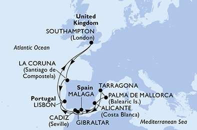 Veľká Británia, Španielsko, Tarragona, Gibraltár, Portugalsko zo Southamptonu na lodi MSC Virtuosa