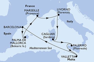 Španielsko, Francúzsko, Taliansko, Malta z Barcelony na lodi MSC Splendida