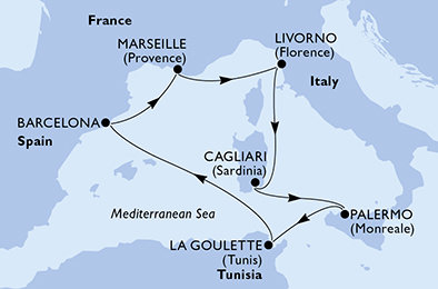 Sicília, Tunisko, Španielsko, Francúzsko, Taliansko, Sardínia z Palerma na lodi MSC Splendida