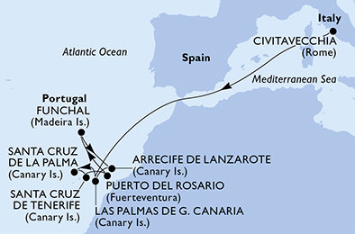 Taliansko, Španielsko, Madeira z Civitavechie na lodi MSC Fantasia