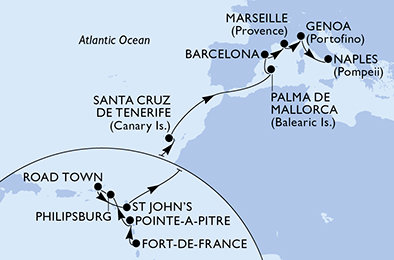 Martinik, Guadeloupe, Svatý Martin, Britské Panenské ostrovy, Antigua a Barbuda, Španielsko, Francúzsko, Taliansko z Fort de France, Martinik na lodi MSC Seaview