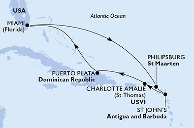 USA, Svatý Martin, Antigua a Barbuda, Dominikánska republika z Miami na lodi MSC Meraviglia