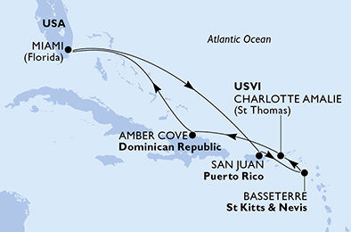 USA, Svätý Krištof a Nevis, Dominikánska republika z Miami na lodi MSC Meraviglia