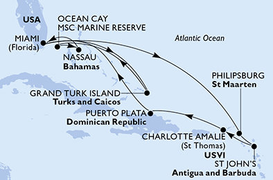 USA, Veľká Británia, Bahamy, Svatý Martin, Antigua a Barbuda, Dominikánska republika z Miami na lodi MSC Meraviglia