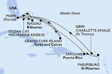 USA, Bahamy, Svatý Martin, Veľká Británia z Miami na lodi MSC Meraviglia