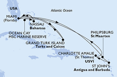 USA, Svatý Martin, Antigua a Barbuda, Bahamy, Veľká Británia z Miami na lodi MSC Meraviglia