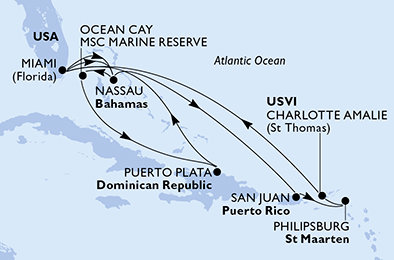 USA, Bahamy, Dominikánska republika, Svatý Martin z Miami na lodi MSC Meraviglia