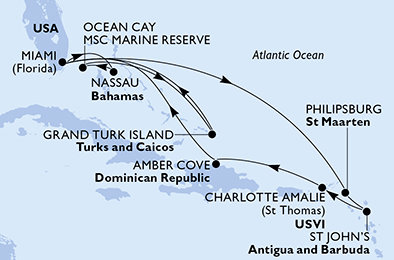 USA, Bahamy, Veľká Británia, Svatý Martin, Antigua a Barbuda, Dominikánska republika z Miami na lodi MSC Meraviglia