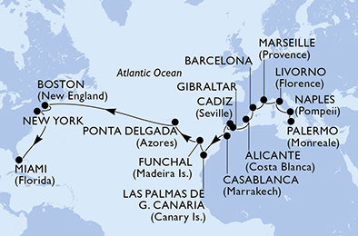 Taliansko, Francúzsko, Španielsko, Gibraltár, Maroko, , Madeira, Portugalsko, USA z Palerma na lodi MSC Meraviglia