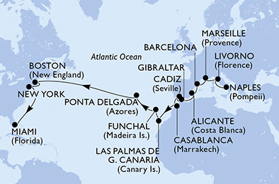 Taliansko, Francúzsko, Španielsko, Gibraltár, Maroko, Madeira, Portugalsko, USA z Neapolu na lodi MSC Meraviglia
