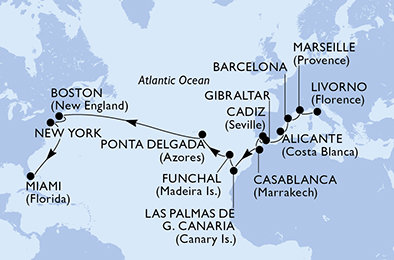 Taliansko, Francúzsko, Španielsko, Gibraltár, Maroko, , Madeira, Portugalsko, USA z Livorna na lodi MSC Meraviglia