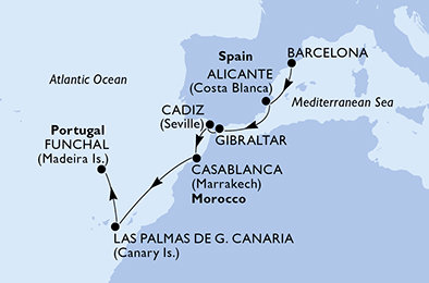 Španielsko, Gibraltár, Maroko, Madeira z Barcelony na lodi MSC Meraviglia