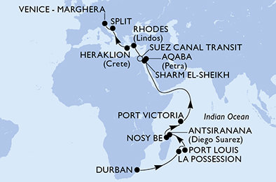 Juhoafrická republika, Reunion, Maurícius, Madagaskar, Seychely, Jordánsko, Egypt, Grécko, Chorvátsko, Taliansko z Durbanu na lodi MSC Armonia