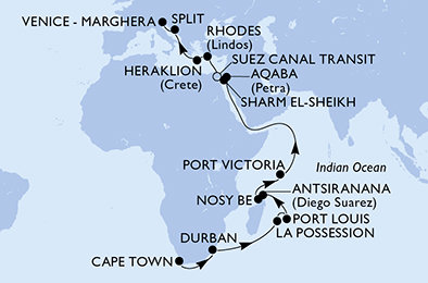 Juhoafrická republika, Reunion, Maurícius, Madagaskar, Seychely, Jordánsko, Egypt, Grécko, Chorvátsko, Taliansko z Kapského Mesta na lodi MSC Armonia