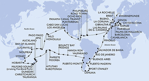 Taliansko, Francúzsko, Španielsko, Gibraltár, Maroko, Kapverdy, Brazília, Argentína, Zámořské území Velké Británie, Chile, Francouzská Polynésie, Cookovy ostrovy, Nový Zéland, Austrália, Nová Kaledonie, Vanuatská republika, Samoa, Americká Samoa, USA, Mexiko, Kostarika, Panama, Jamajka, Britské Panenské ostrovy, Svatý Martin, Nemecko z Janova na lodi MSC Magnifica