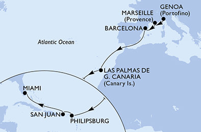 Taliansko, Francúzsko, Španielsko, Svatý Martin, USA z Janova na lodi MSC Grandiosa Taliansko, Francúzsko, Španielsko, Svatý Martin, USA z Janova na lodi MSC Grandiosa