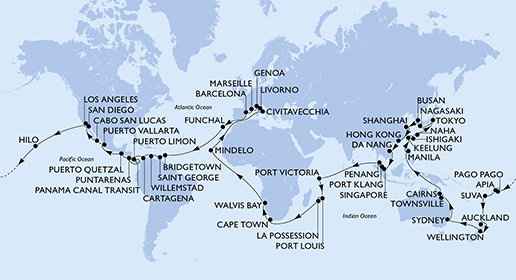 Francúzsko, Španielsko, Portugalsko, Barbados, Grenada, Curacao, Kolumbia, Kostarika, Panama, Guatemala, Mexiko, USA, Americká Samoa, Samoa, Fiji, Nový Zéland, Austrália, Filipíny, Tchaj-wan, Japonsko, Južná Kórea, Čína, Vietnam, Singapur, Malajzia, Seychely, Maurícius, Reunion, Juhoafrická republika, Namíbia, Kapverdy, Taliansko z Marseille na lodi MSC Magnifica