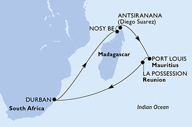 Juhoafrická republika, Madagaskar, Maurícius, Reunion z Durbanu na lodi MSC Opera