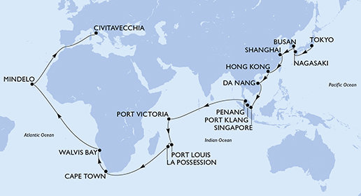 Japonsko, Južná Kórea, Čína, Vietnam, Singapur, Malajzia, Seychely, Maurícius, Reunion, Juhoafrická republika, Namíbia, Kapverdy, Taliansko z Tokia na lodi MSC Magnifica