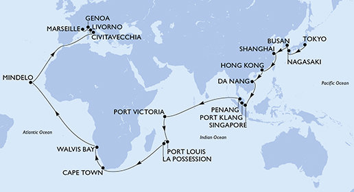 Japonsko, Južná Kórea, Čína, Vietnam, Singapur, Malajzia, Seychely, Maurícius, Reunion, Juhoafrická republika, Namíbia, Kapverdy, Taliansko, Francúzsko z Tokia na lodi MSC Magnifica