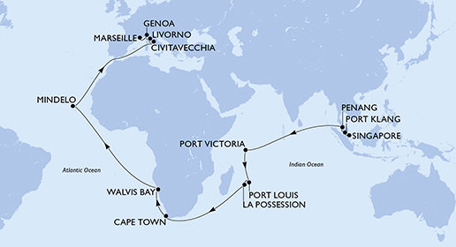 Singapur, Malajzia, Seychely, Maurícius, Reunion, Juhoafrická republika, Namíbia, Kapverdy, Taliansko, Francúzsko zo Singapuru na lodi MSC Magnifica
