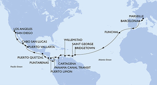 Francúzsko, Španielsko, Portugalsko, Barbados, Grenada, Curacao, Kolumbia, Kostarika, Panama, Guatemala, Mexiko, USA z Marseille na lodi MSC Magnifica