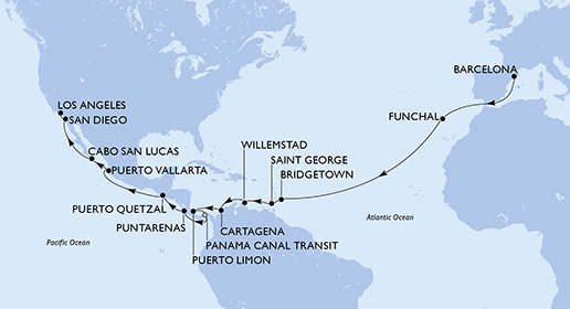 Španielsko, Portugalsko, Barbados, Grenada, Curacao, Kolumbia, Kostarika, Panama, Guatemala, Mexiko, USA z Barcelony na lodi MSC Magnifica