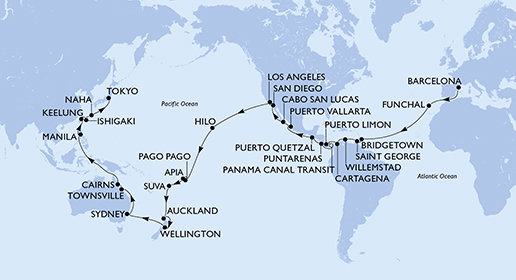 Španielsko, Portugalsko, Barbados, Grenada, Curacao, Kolumbia, Kostarika, Panama, Guatemala, Mexiko, USA, Americká Samoa, Samoa, Fiji, Nový Zéland, Austrália, Filipíny, Tchaj-wan, Japonsko z Barcelony na lodi MSC Magnifica