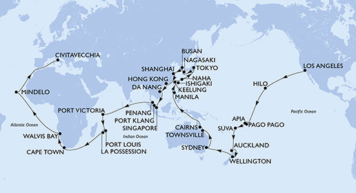 USA, Americká Samoa, Samoa, Fiji, Nový Zéland, Austrália, Filipíny, Tchaj-wan, Japonsko, Južná Kórea, Čína, Vietnam, Singapur, Malajzia, Seychely, Maurícius, Reunion, Juhoafrická republika, Namíbia, Kapverdy, Taliansko na lodi MSC Magnifica