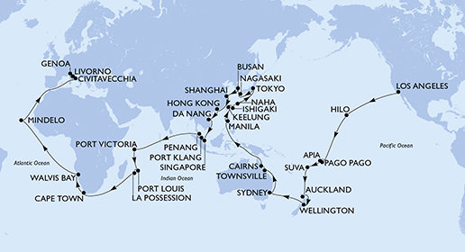 USA, Americká Samoa, Samoa, Fiji, Nový Zéland, Austrália, Filipíny, Tchaj-wan, Japonsko, Južná Kórea, Čína, Vietnam, Singapur, Malajzia, Seychely, Maurícius, Reunion, Juhoafrická republika, Namíbia, Kapverdy, Taliansko na lodi MSC Magnifica